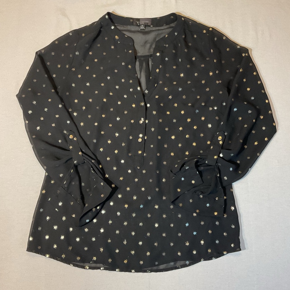 The‎ Limited Women's Sheer Blouse Black w/Gold Polka Dots, size XS Casual Party